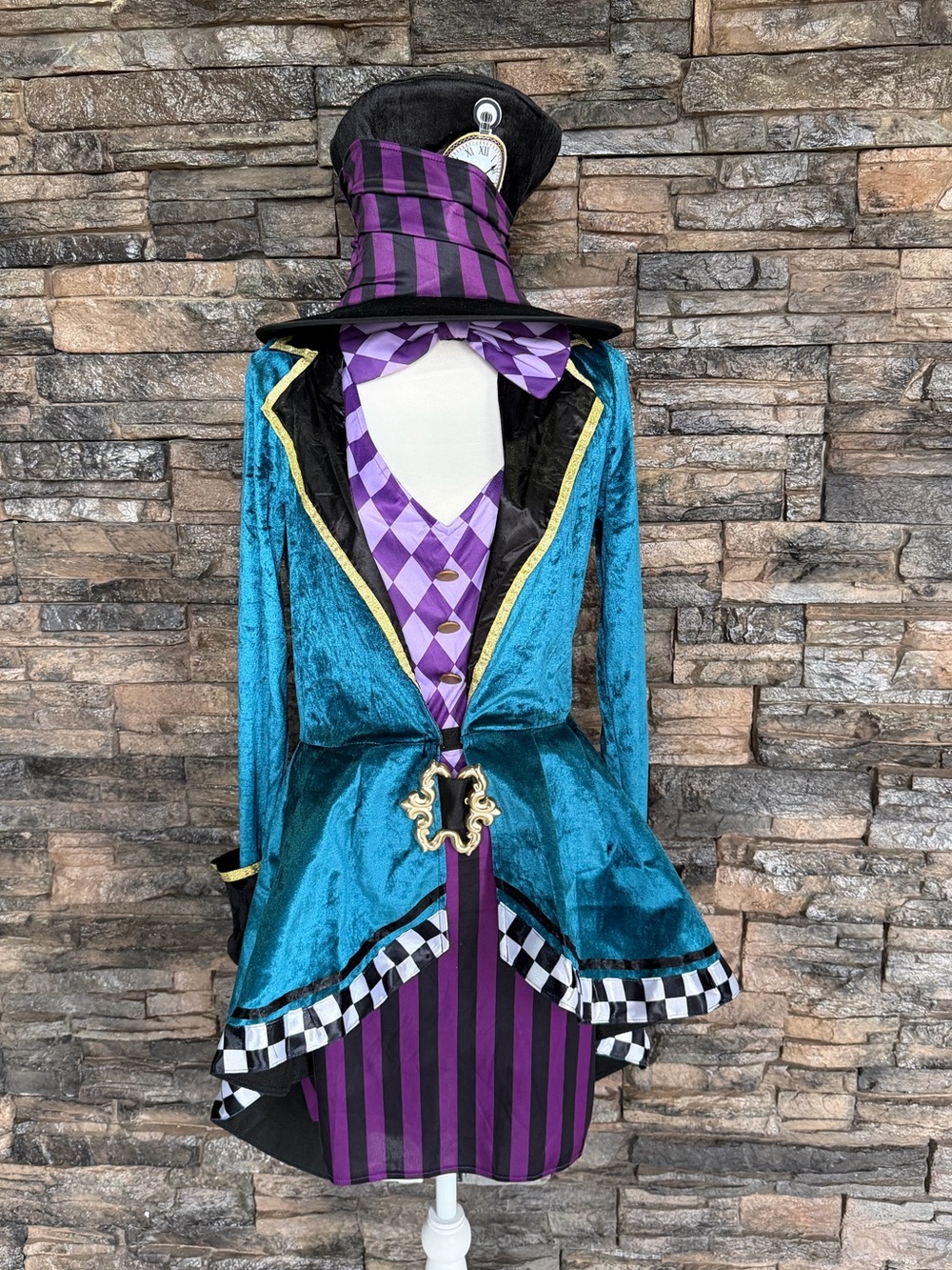 Teal & Purple Mad Hatter adult Costume with Top Hat - adult large